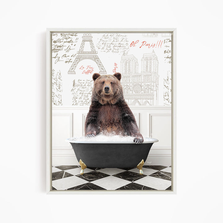 A brown bear sitting in a bathtub filled with water, surrounded by various Paris-themed elements such as the Eiffel Tower and other landmarks.