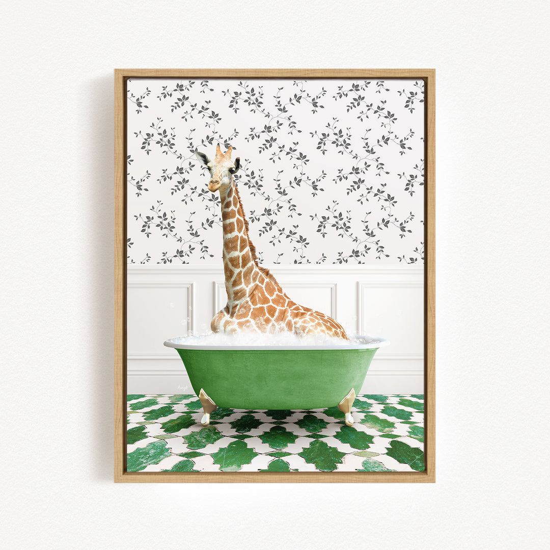A giraffe is sitting in a green bathtub, surrounded by a patterned tile floor and a floral wallpaper background.