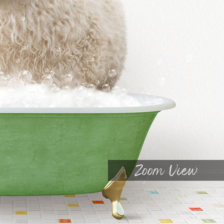 A fluffy white dog is sitting in a green bathtub filled with bubbles, with a text overlay that reads "Zoom View".