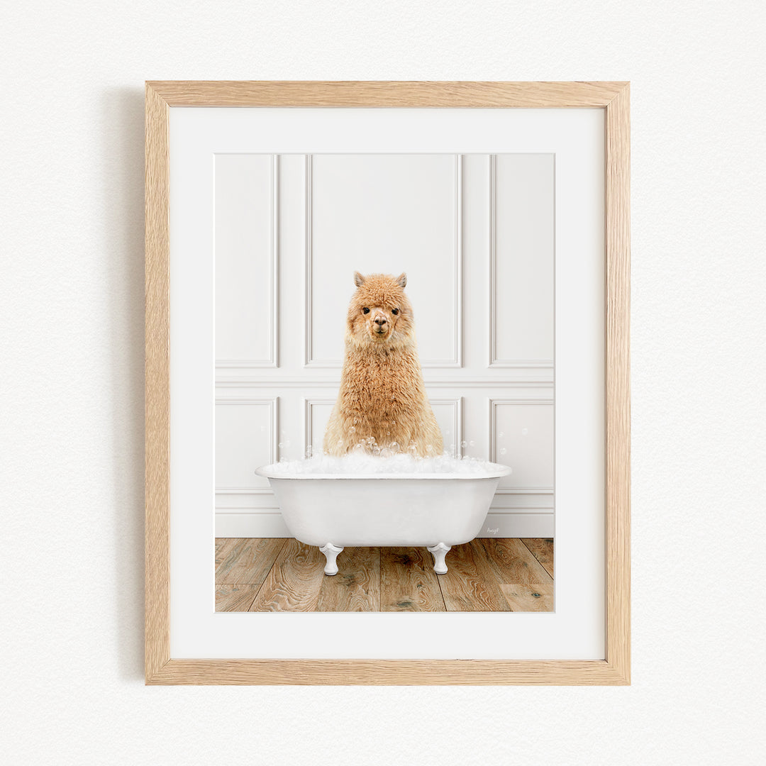 A fluffy brown alpaca sitting in a white bathtub filled with bubbles, creating a whimsical and adorable scene.