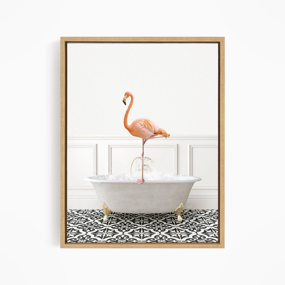 A pink flamingo standing on the edge of a white bathtub filled with water, set against a white wall with a black and white patterned floor.