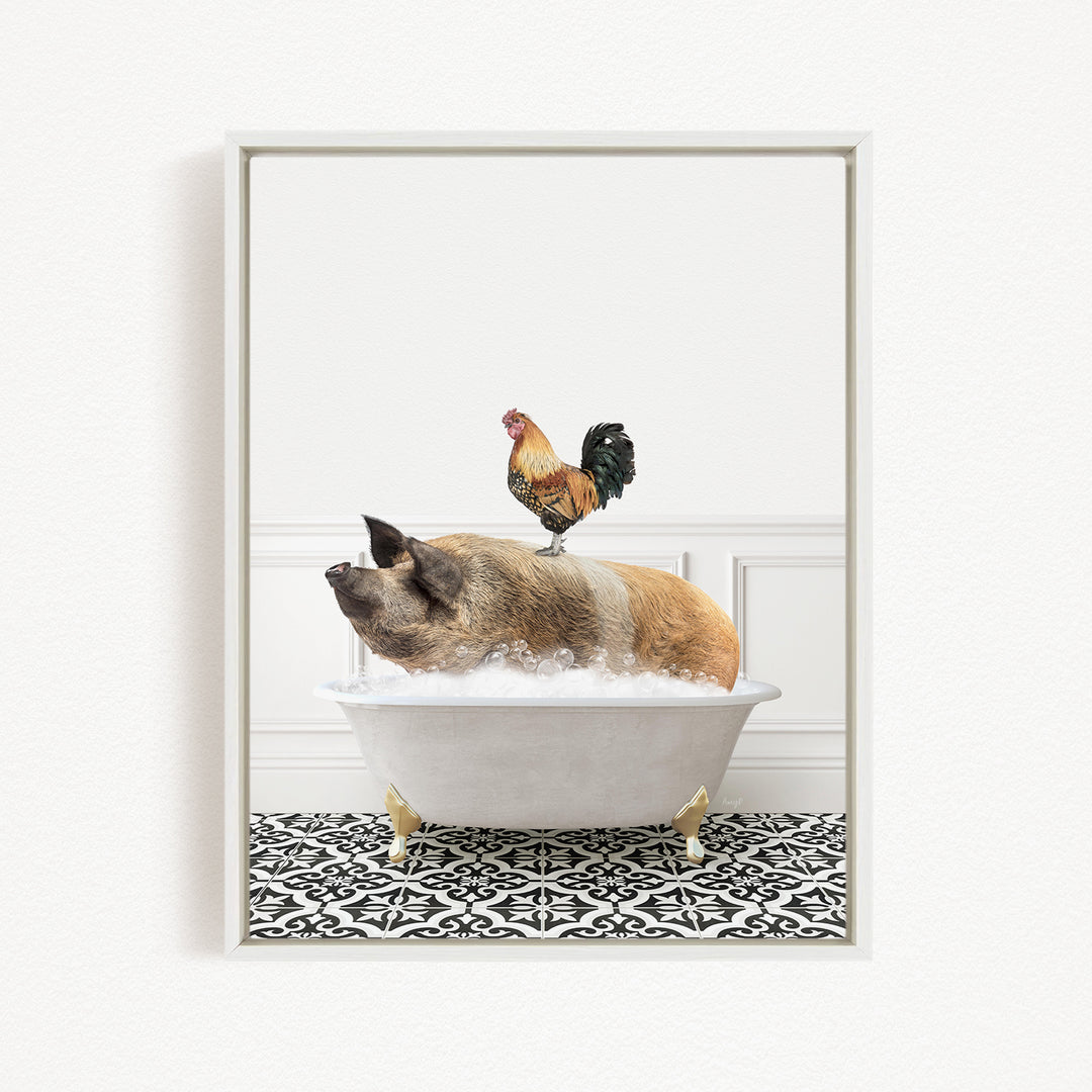 A rooster sits atop a pig in a bathtub, creating a whimsical and amusing scene.