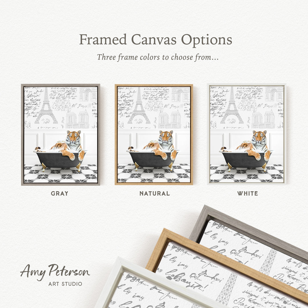 The image is a framed canvas option featuring a tiger sitting in a bathtub, with three different frame colors to choose from: gray, natural, and white.