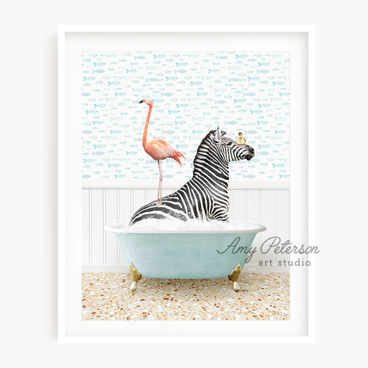 a picture of a zebra and a flamingo in a bathtub