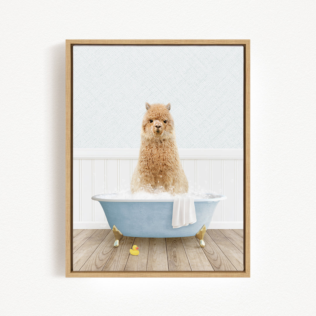 A fluffy brown dog is sitting in a blue bathtub filled with bubbles, with a yellow rubber duck floating nearby.