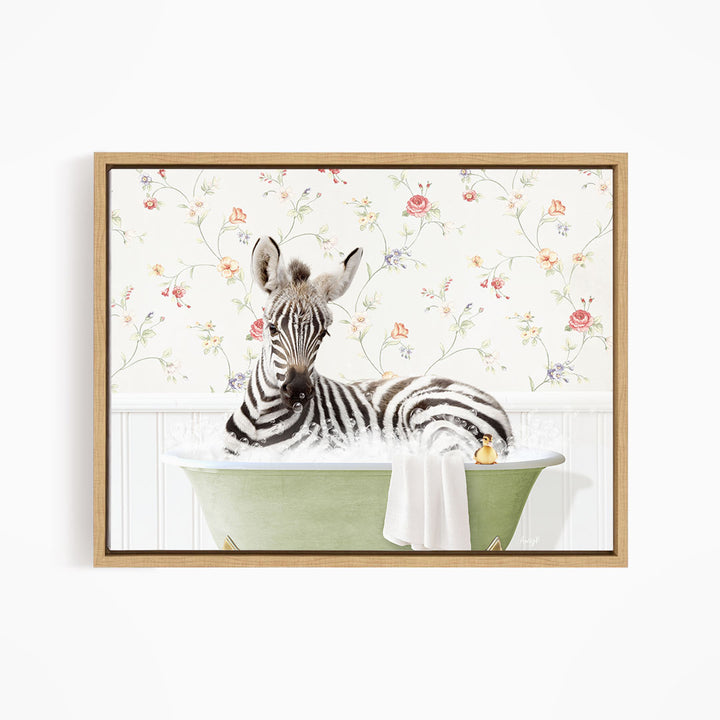 A zebra is sitting in a green bathtub, surrounded by a floral wallpaper.