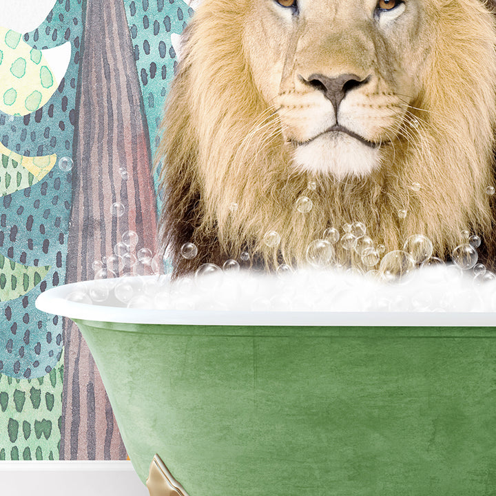 a lion is sitting in a bathtub with bubbles