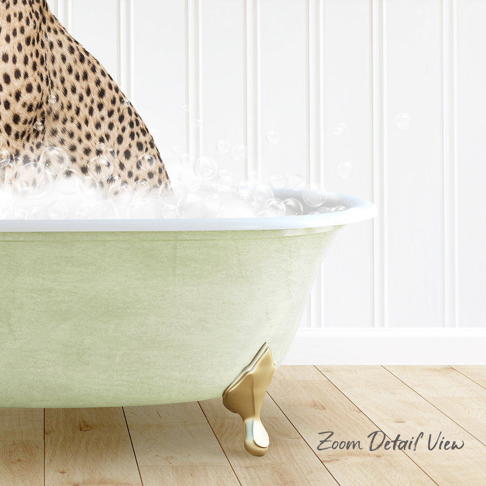 A leopard-print bathtub filled with bubbles, with a gold-colored claw-like object on the side, and a wooden floor in the background.