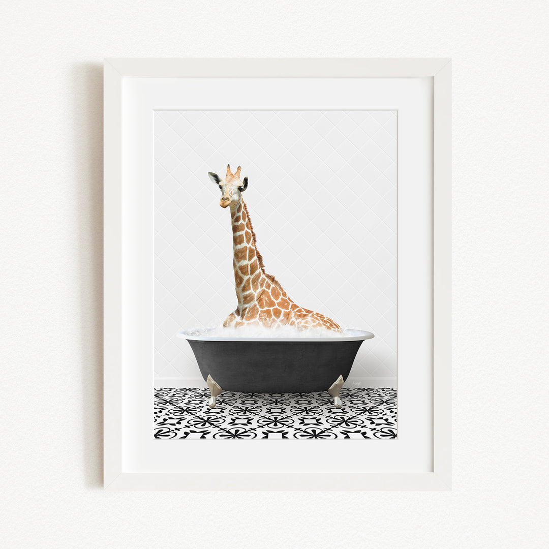 A giraffe is sitting in a black bathtub filled with water, creating a whimsical and playful scene.