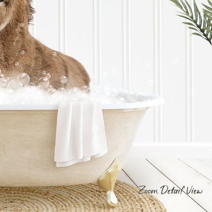 A brown dog is sitting in a white bathtub filled with bubbles, with a towel and a plant nearby.