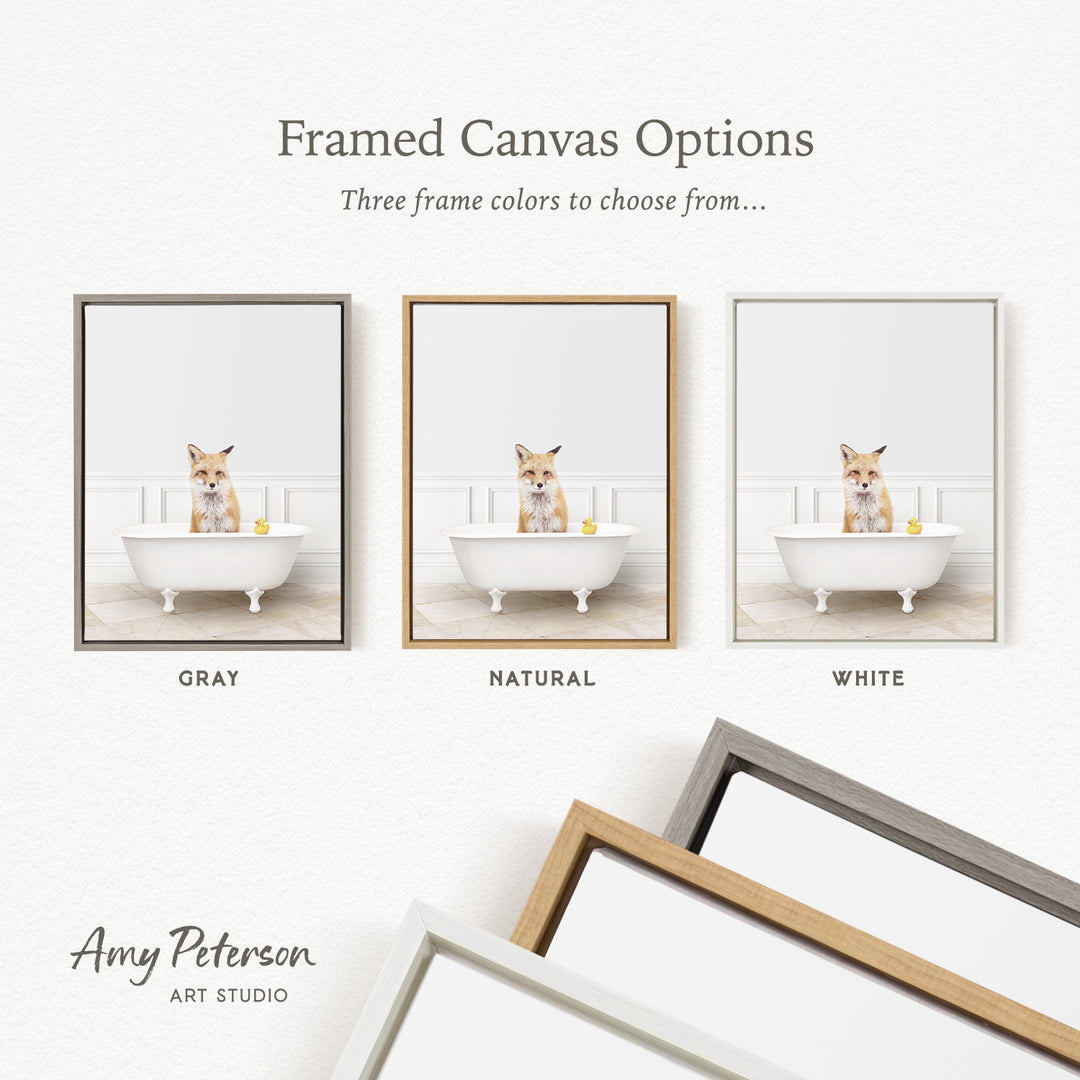 three framed canvas options, each featuring a cat sitting in a bathtub. The options include a gray frame, a natural frame, and a white frame. The text above the images reads " Framed Canvas Options" and "Three frame colors to choose from...".