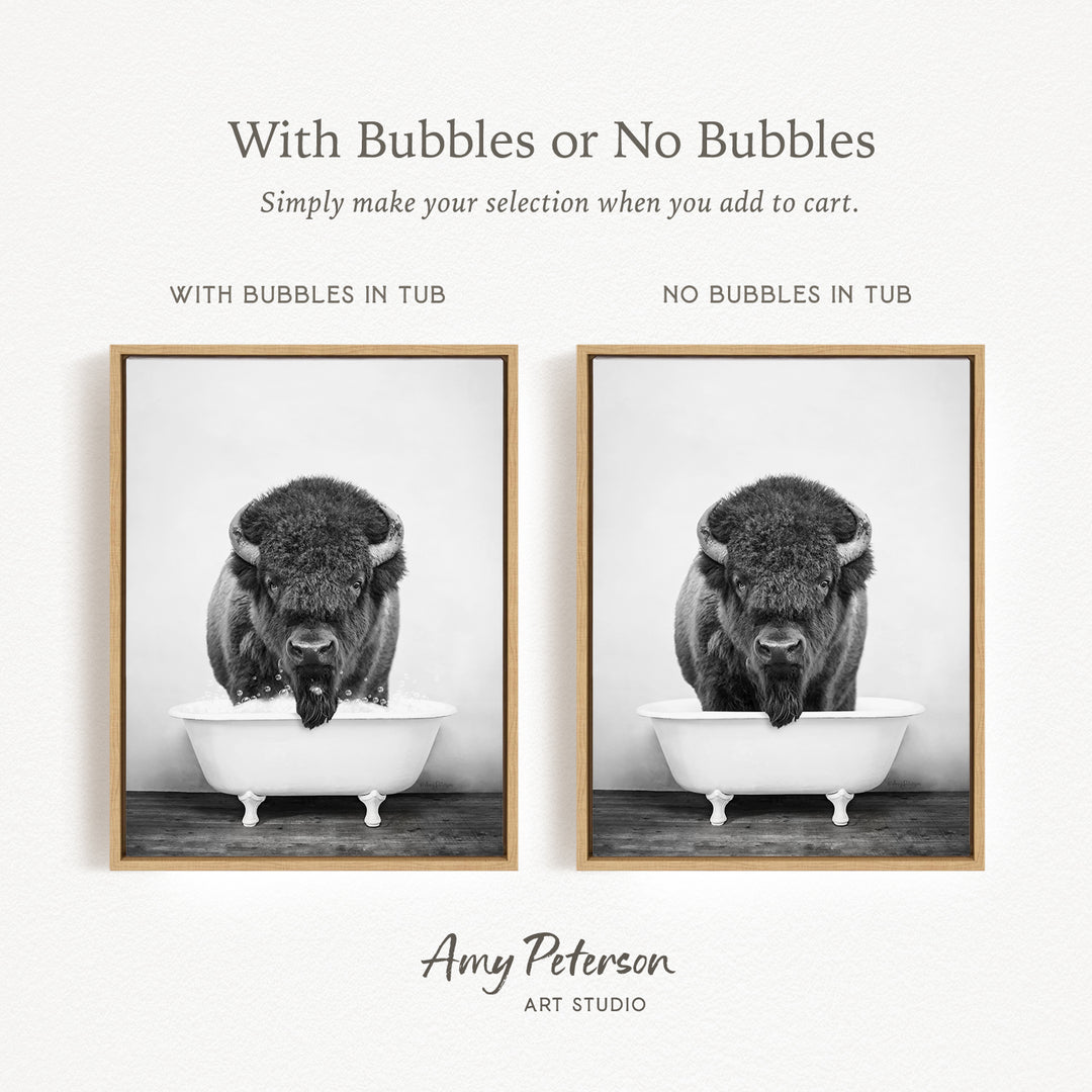 The image is a black and white photograph of a buffalo standing in a tub, with the text "With Bubbles or No Bubbles" above the image.