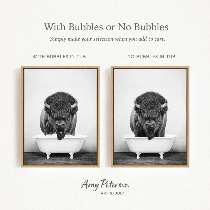 The image is a black and white photograph of a buffalo standing in a tub, with the text "With Bubbles or No Bubbles" above the image.