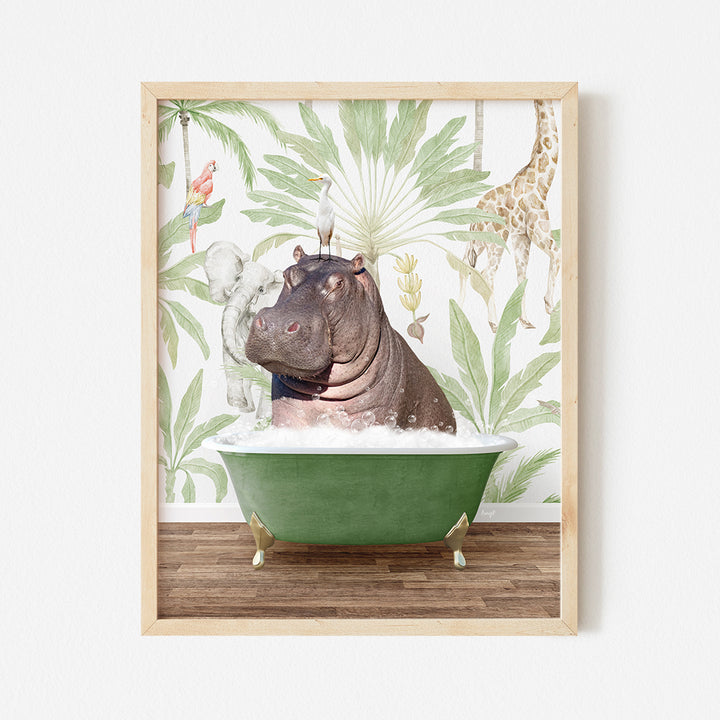 a hippo in a green bathtub with a giraffe in the background