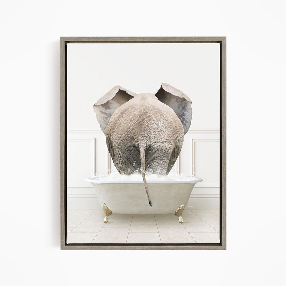 A large elephant is standing in a white bathtub filled with water, creating a whimsical and playful scene.