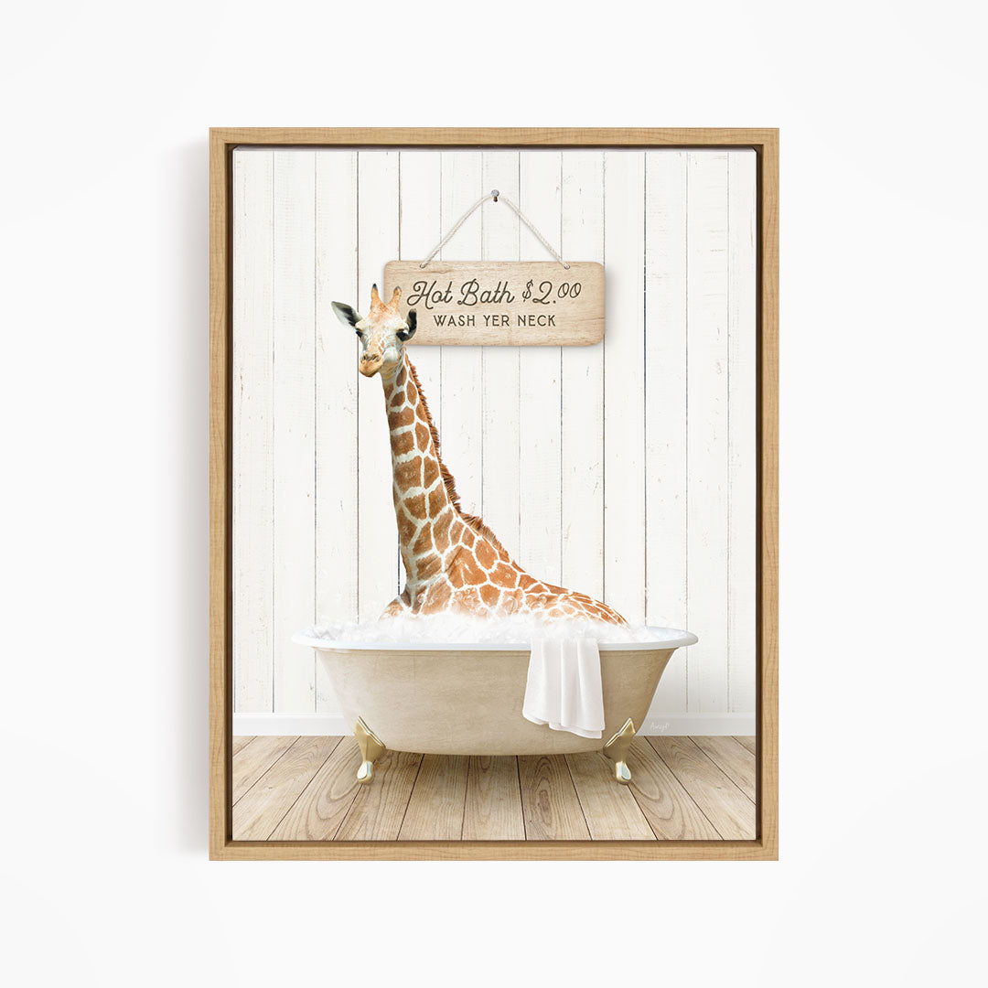 A giraffe sitting in a bathtub, with a sign above it that reads "Hot Bath $2.00 WASH YOUR necks".