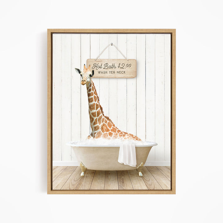 A giraffe sitting in a bathtub, with a sign above it that reads "Hot Bath $2.00 WASH YOUR necks".