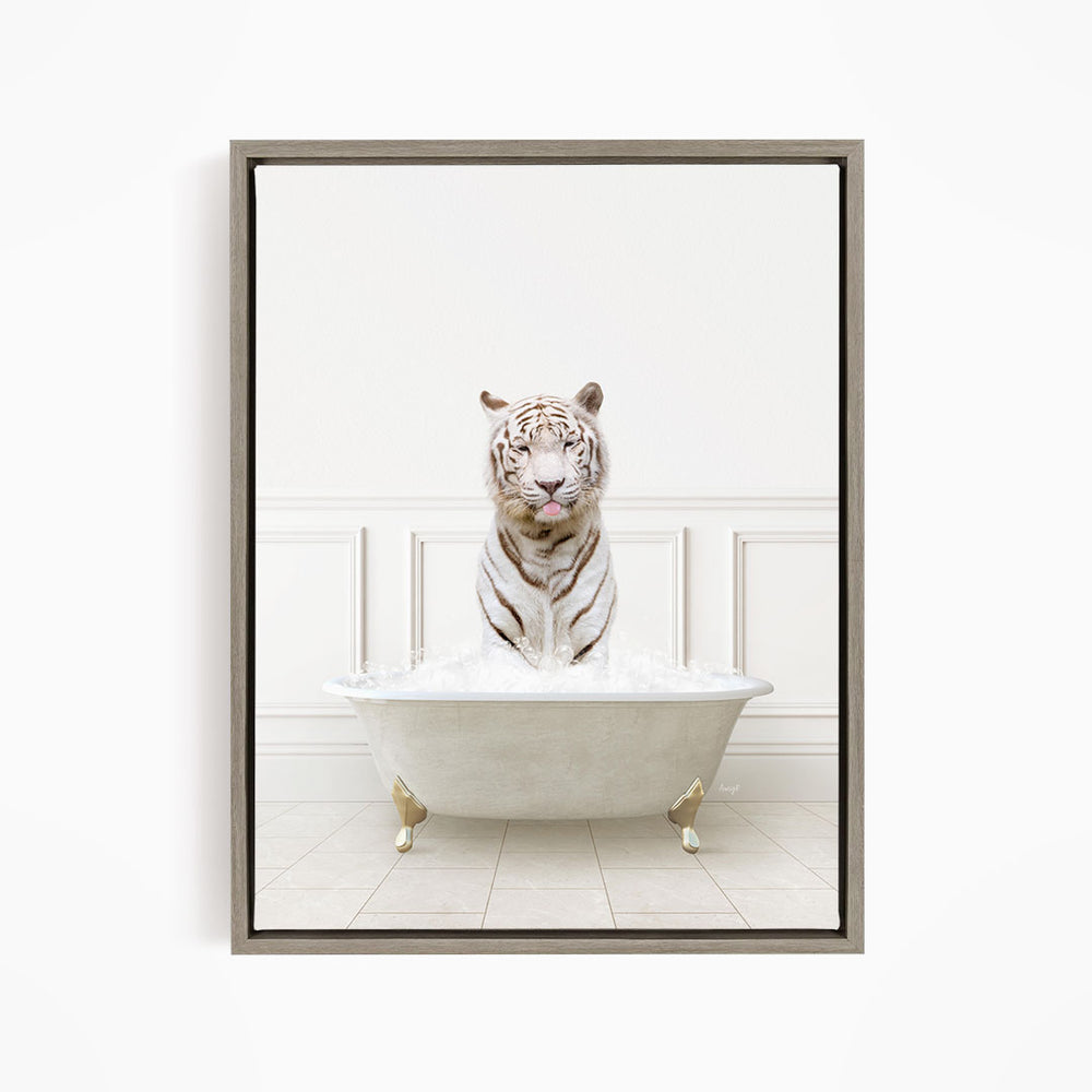 A white tiger sitting in a white bathtub filled with water, with its mouth open and tongue sticking out.