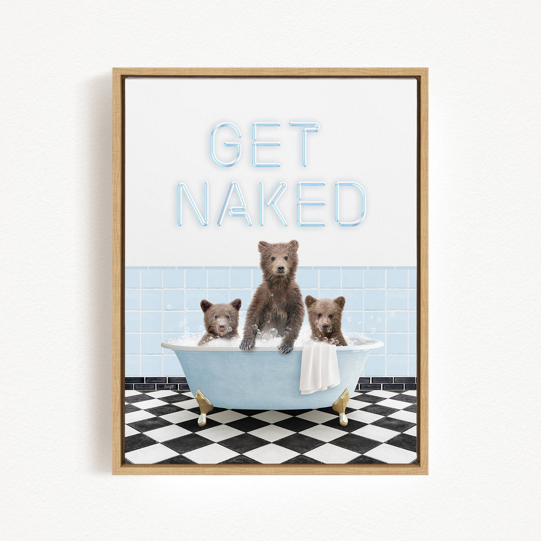 three bears sitting in a bathtub, with the text "GET NAKED" displayed above them.