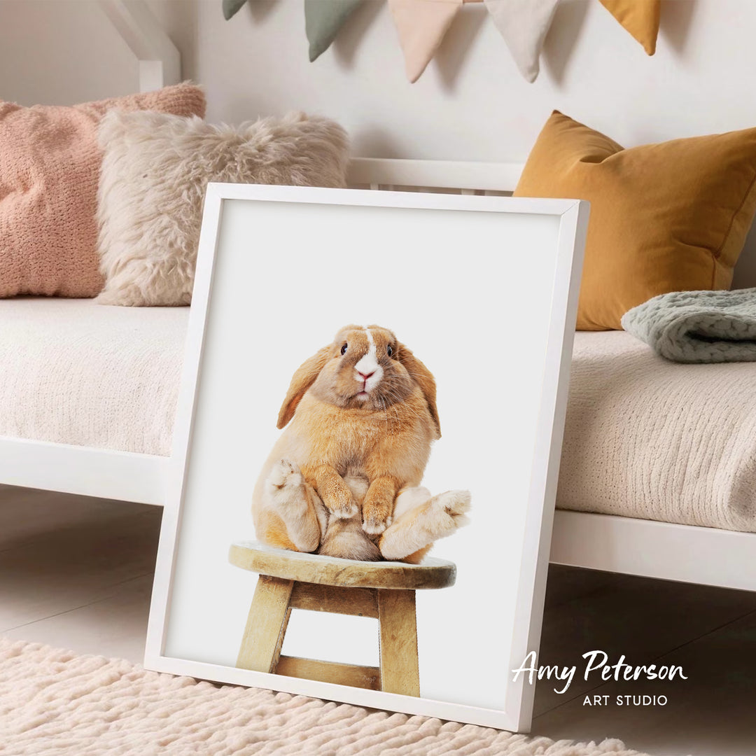 A framed image of a rabbit sitting on a wooden stool, with a cozy and inviting atmosphere in the background.