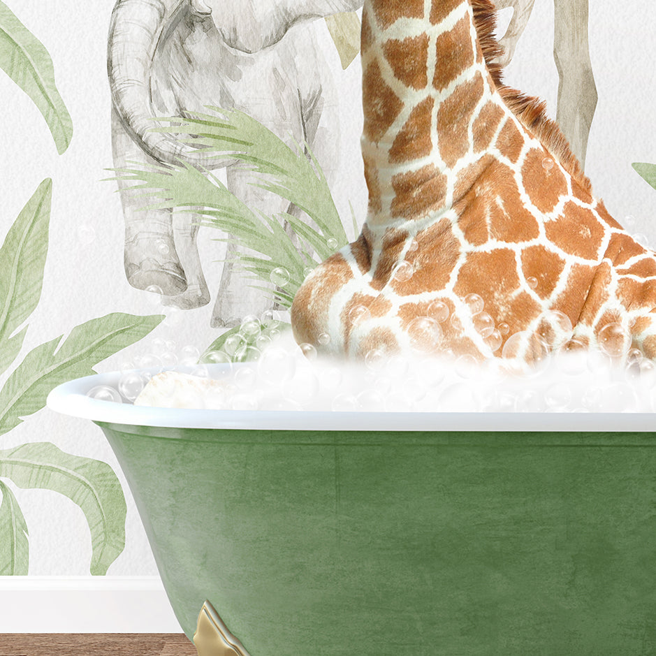 a giraffe sitting in a bathtub next to an elephant