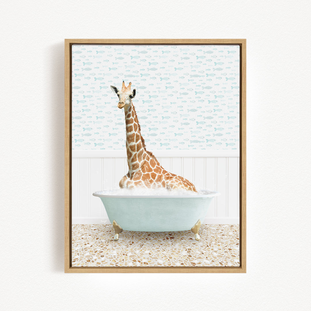 A giraffe is sitting in a bathtub filled with water, surrounded by a patterned wall.