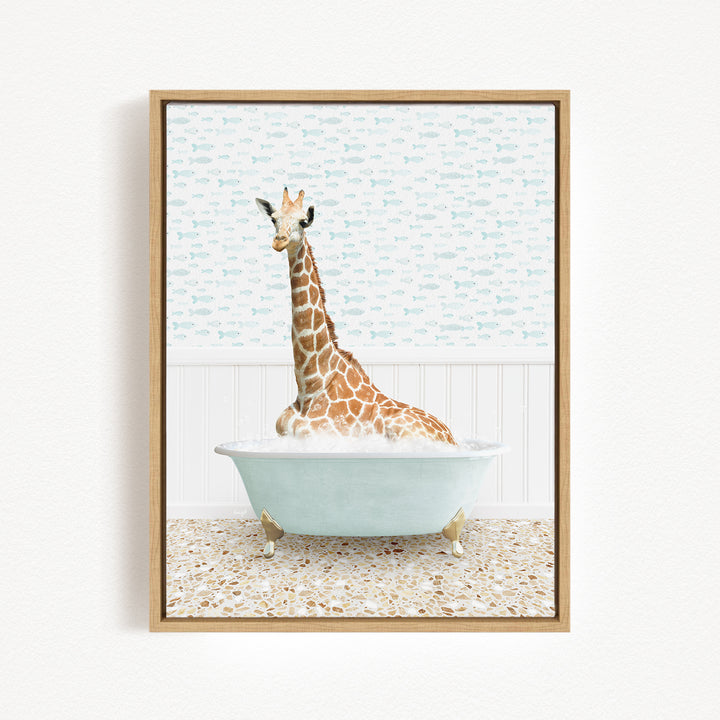 A giraffe is sitting in a bathtub filled with water, surrounded by a patterned wall.