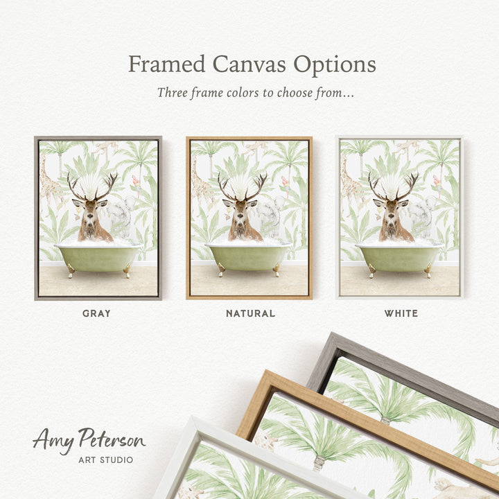 three framed canvas options featuring a deer in a bathtub, each with a different frame color: gray, natural, and white.