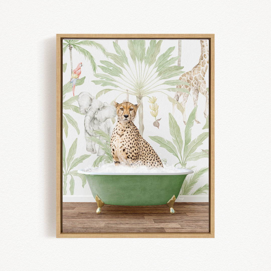 A cheetah sitting in a green bathtub, surrounded by a tropical jungle wallpaper with various animals and plants.