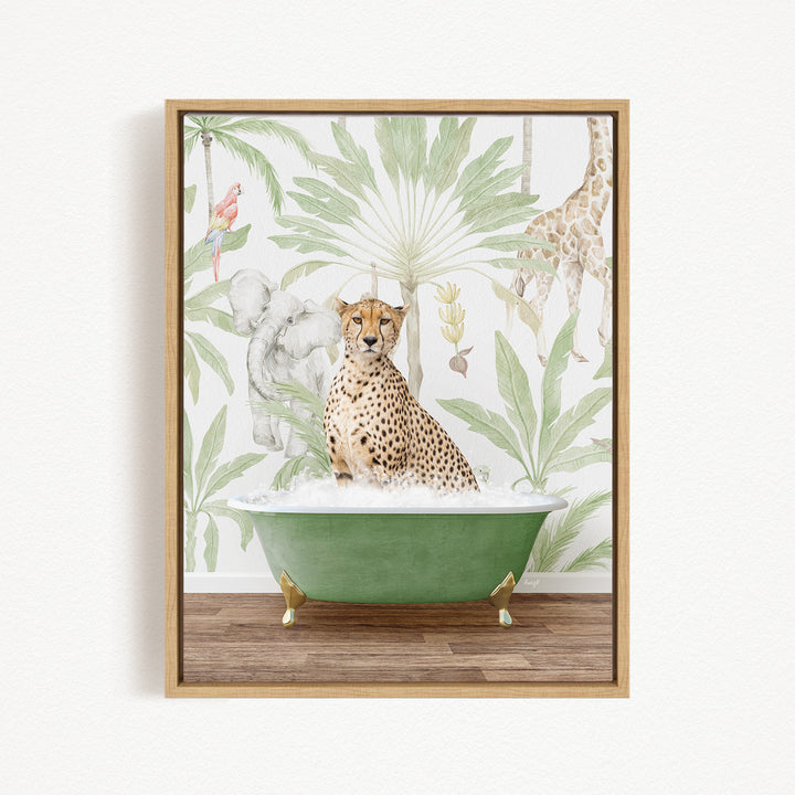 A cheetah sitting in a green bathtub, surrounded by a tropical jungle wallpaper with various animals and plants.
