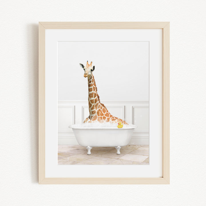 A giraffe is sitting in a white bathtub filled with water, with a yellow rubber duck floating in the water.