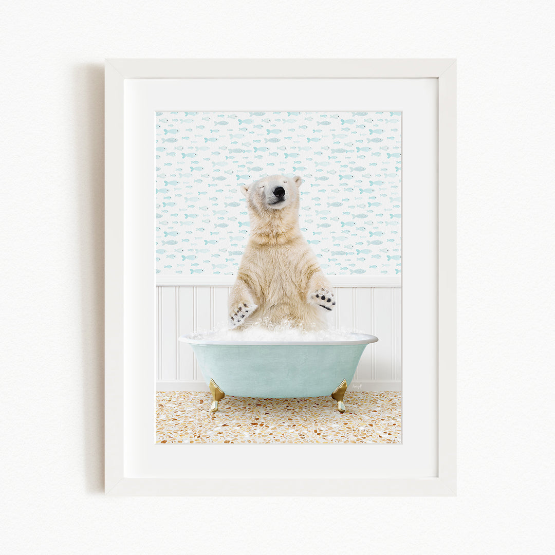 A polar bear sitting in a bathtub filled with water, surrounded by a patterned wall.