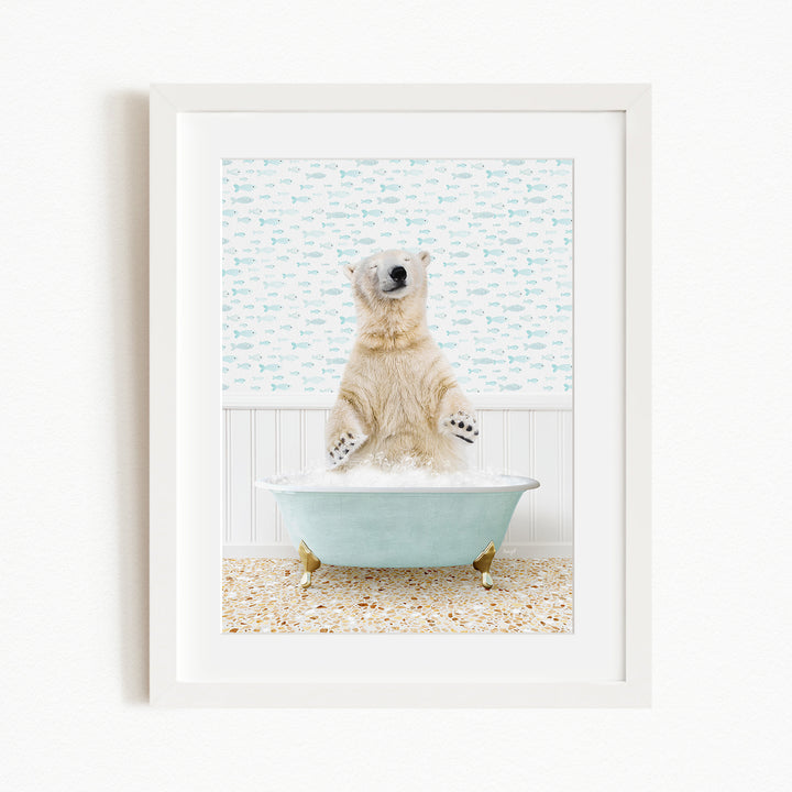 A polar bear sitting in a bathtub filled with water, surrounded by a patterned wall.