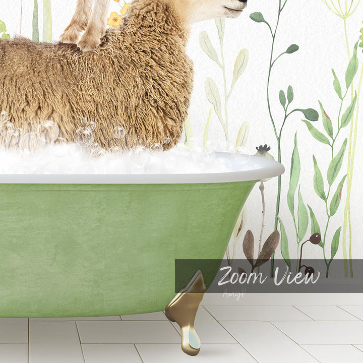 A fluffy brown sheep is sitting in a green bathtub filled with water, surrounded by a floral wallpaper.