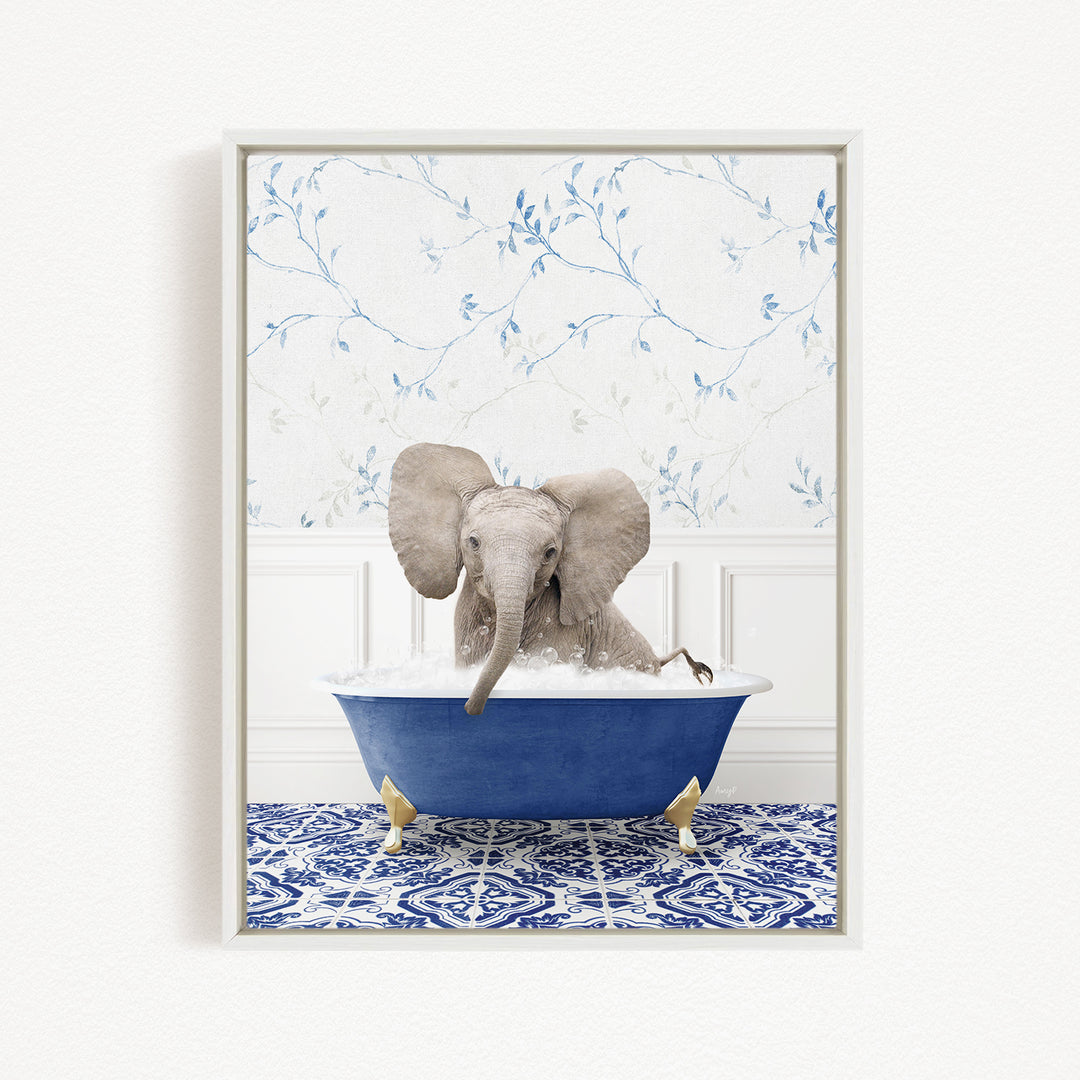 A gray elephant is sitting in a blue bathtub filled with water, surrounded by a blue and white patterned rug on the floor.