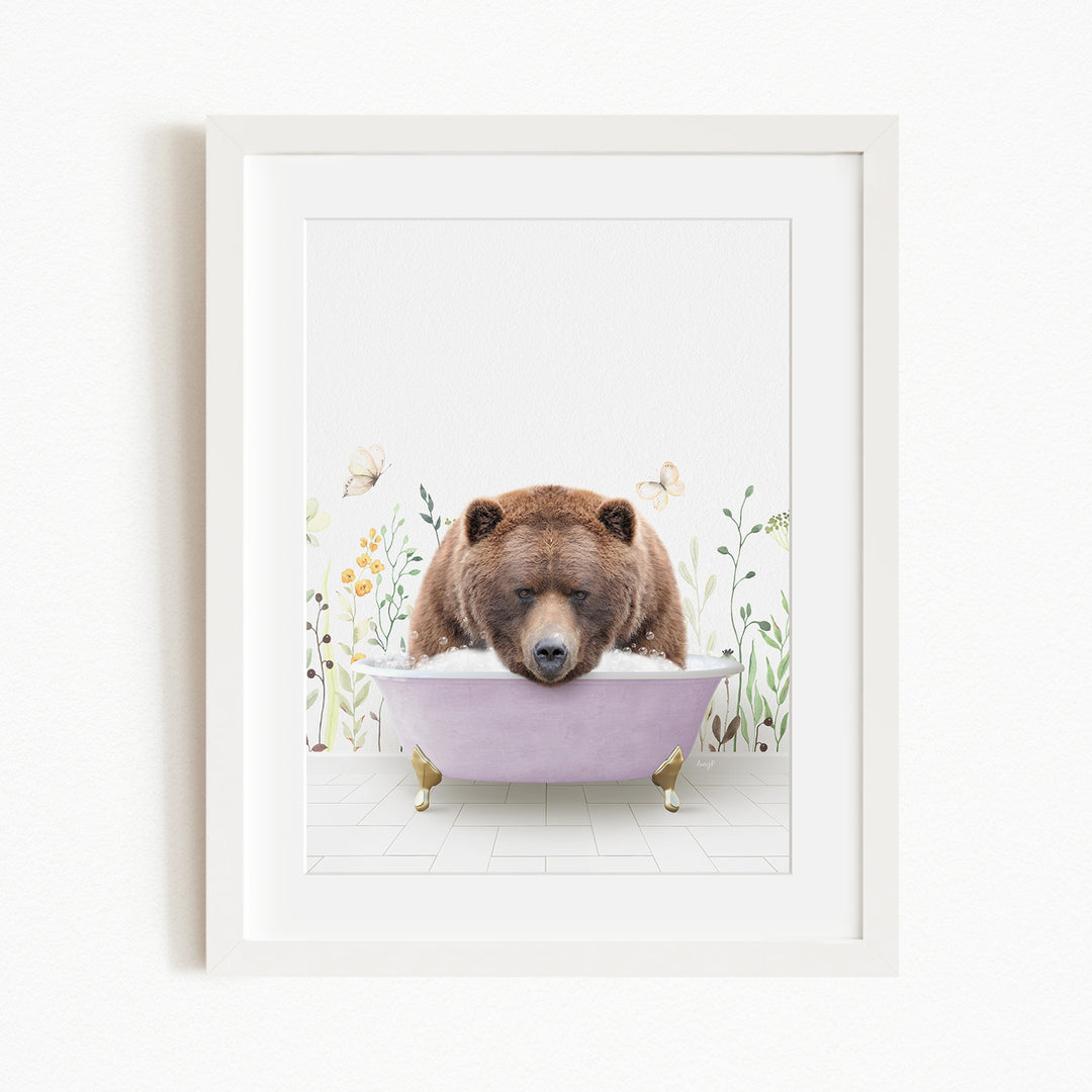 A brown bear is sitting in a purple bathtub, surrounded by flowers and butterflies, creating a whimsical and playful scene.
