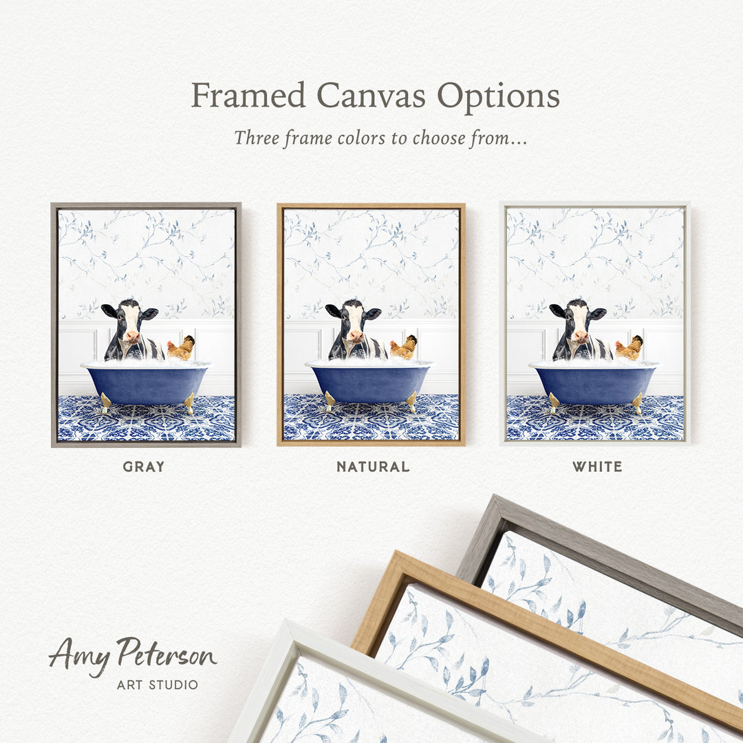 three framed canvas options, each featuring a cow sitting in a bathtub with a chicken. The options include a gray, a natural, and a white frame.