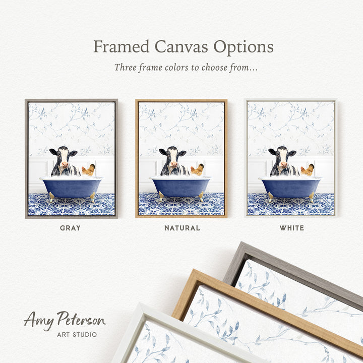 three framed canvas options, each featuring a cow sitting in a bathtub with a chicken. The options include a gray, a natural, and a white frame.