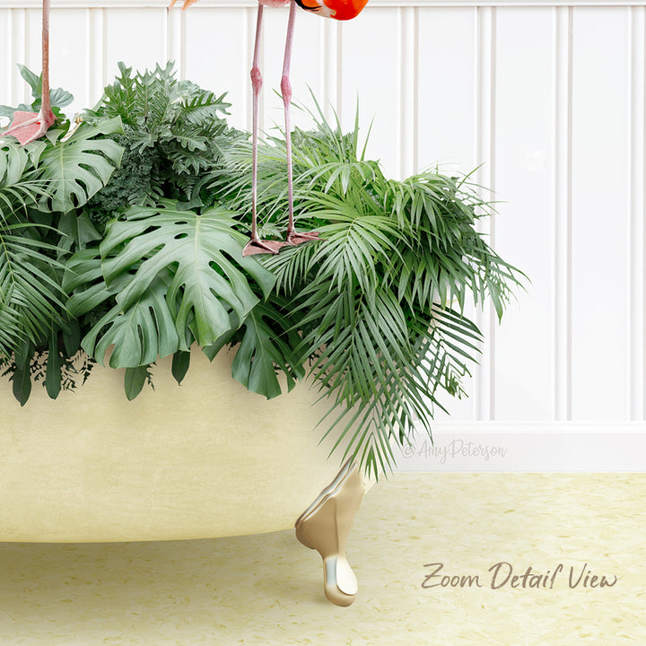 A large potted plant with lush green leaves and a pink flamingo standing on the edge of the tub.