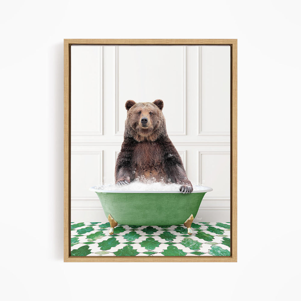 A brown bear sitting in a green bathtub filled with water, surrounded by a green and white patterned floor.