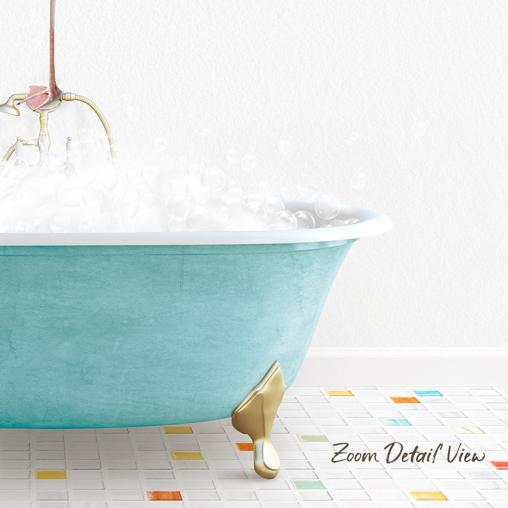 A turquoise claw-foot bathtub filled with bubbles, with a gold claw-foot bathtub leg visible on the floor.