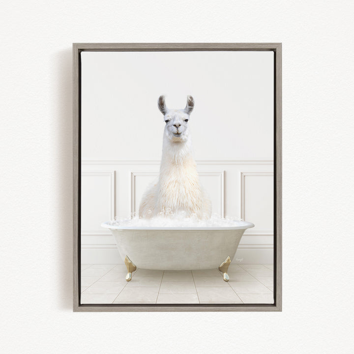A white llama sitting in a white bathtub filled with bubbles, creating a whimsical and playful scene.