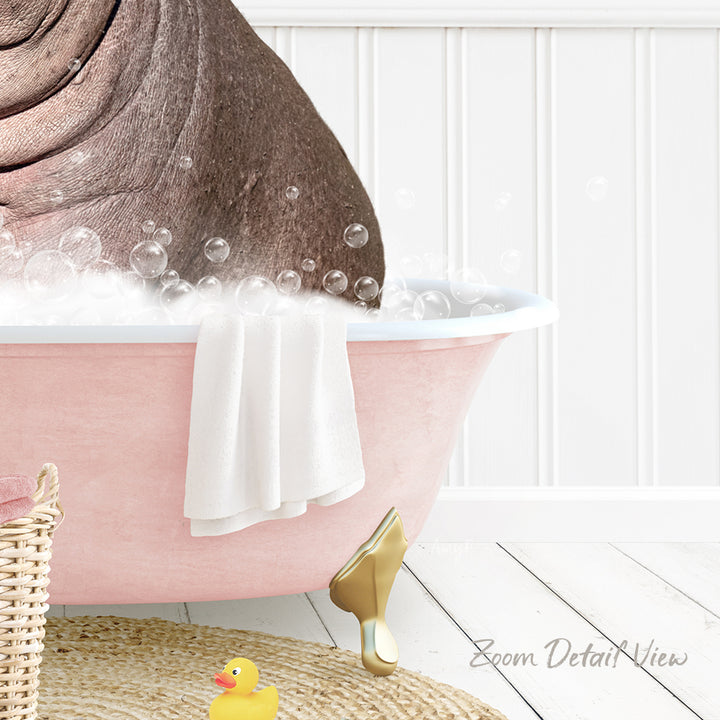 A pink bathtub filled with bubbles, with a yellow rubber duck and a white towel nearby.