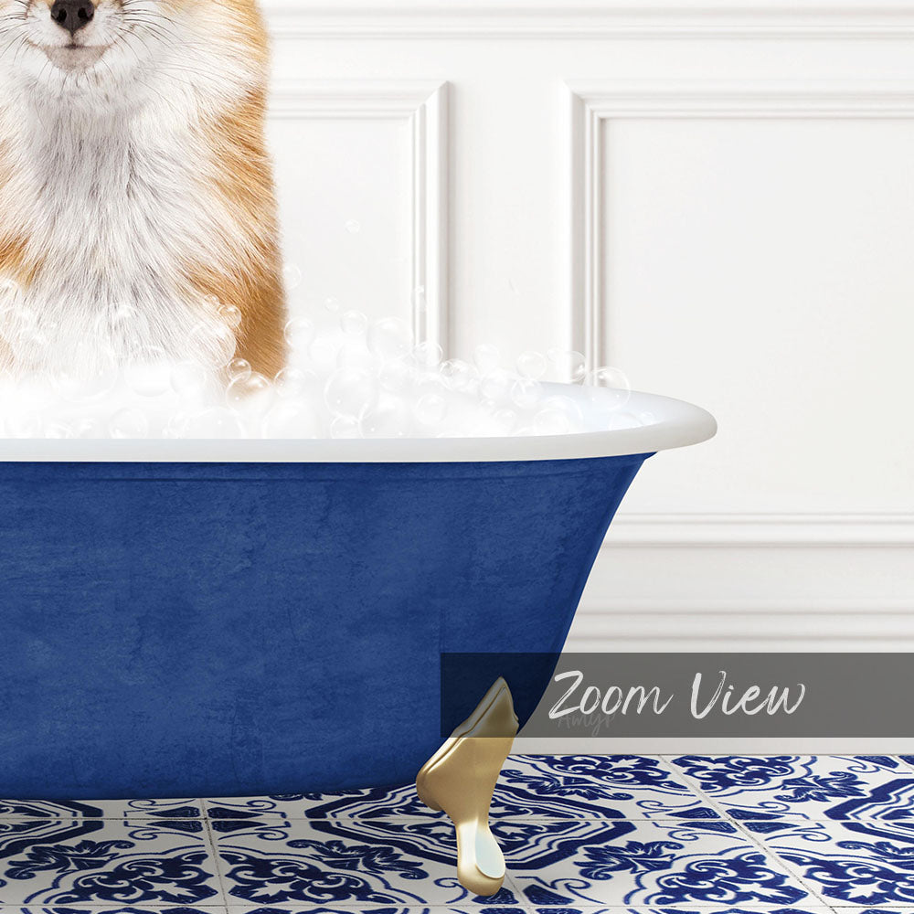 A fluffy orange and white cat sitting in a blue bathtub filled with bubbles, with a white wall and patterned floor in the background.