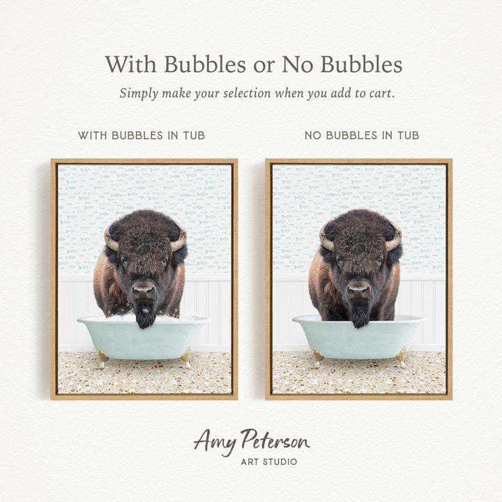 The image is a collage of two pictures featuring a buffalo in a tub. The buffalo has a black and white color scheme, and the image is labeled with the text "With Bubbles or No Bubbles" and "NO Bubbles IN TUB".