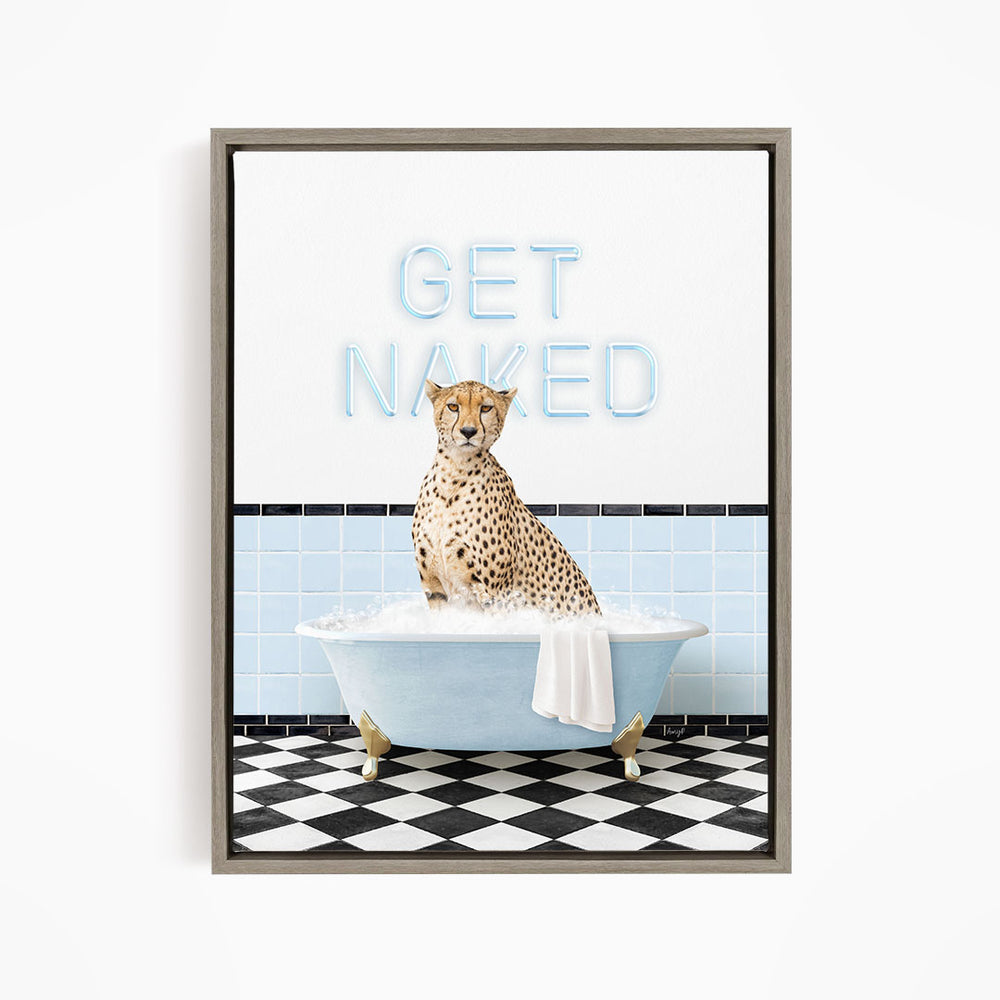 A cheetah sitting in a bathtub with the text "GET NAKED" displayed above it.