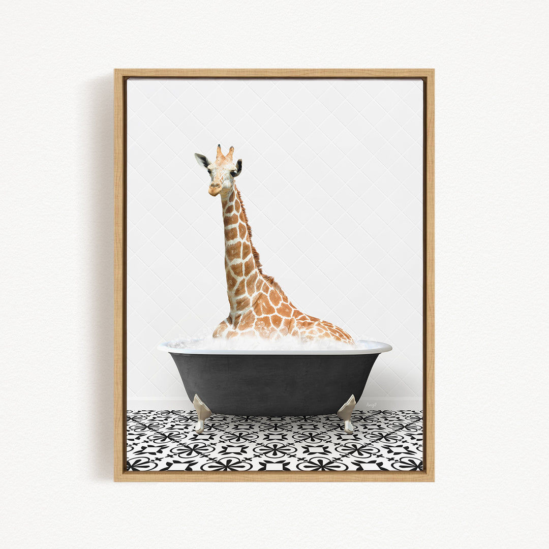 A giraffe sitting in a bathtub filled with water, surrounded by a black and white patterned floor.