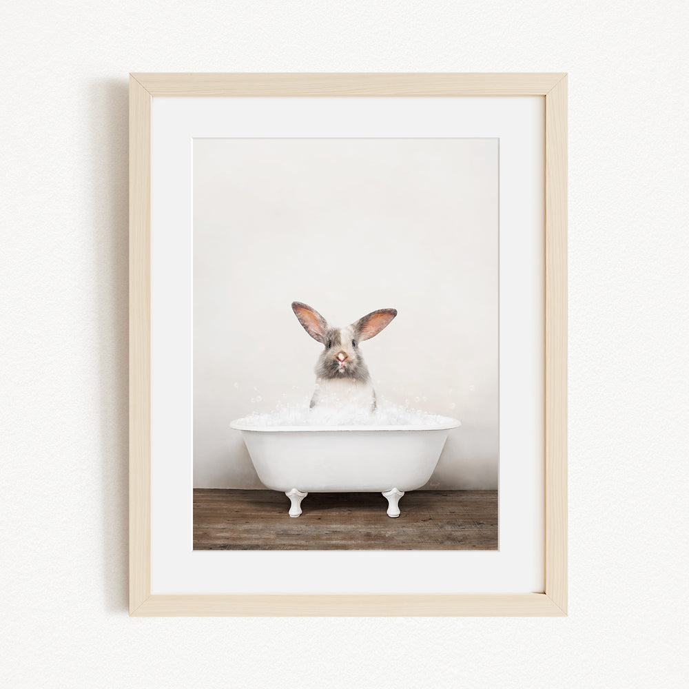 A white rabbit sitting in a white bathtub filled with bubbles, looking directly at the camera.