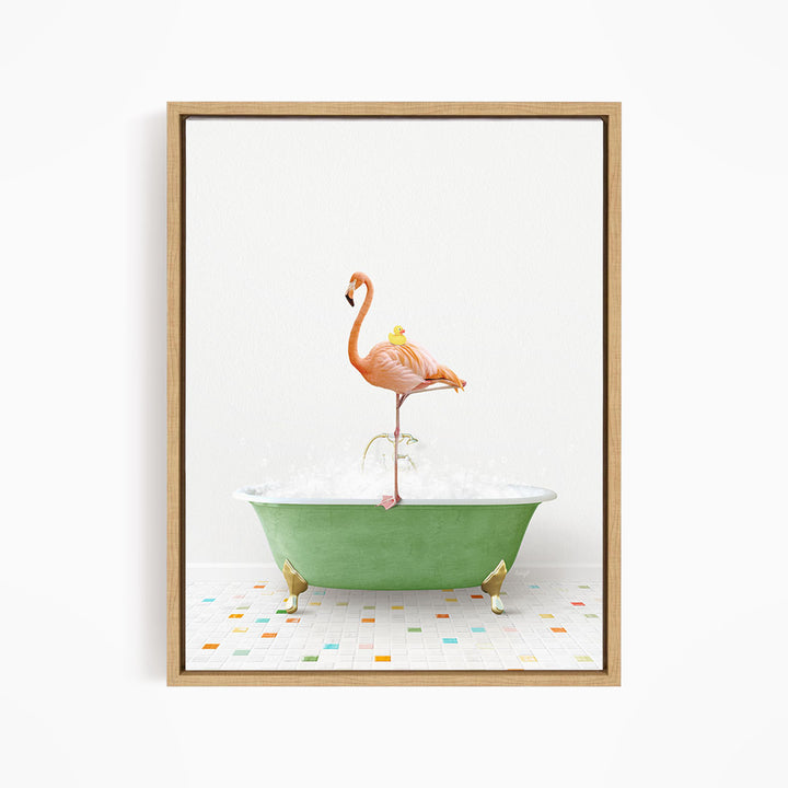A pink flamingo stands on a green bathtub filled with bubbles, with a yellow duck perched on its back.