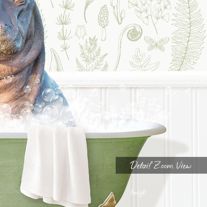 A close-up of a hippopotamus sitting in a bathtub filled with bubbles, with a towel draped over the side of the tub.